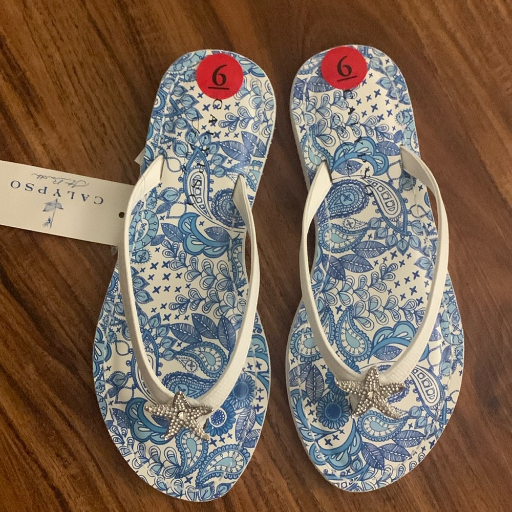 NWT CALYPSO ST. BARTH MARINER Flip Flops Sandals Star Fish Rhinestones 6